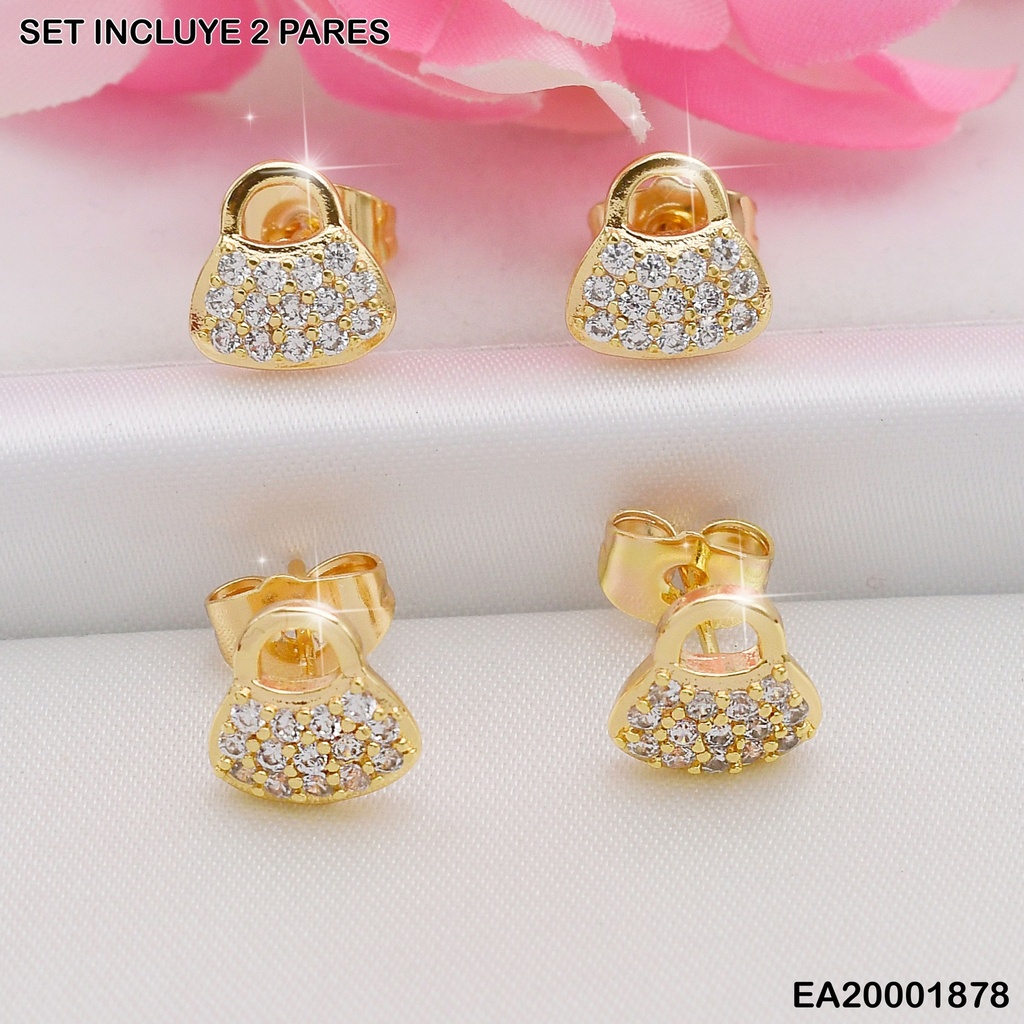 PAQUETE 2 PARES ARETES BOLSITO DORADO C/ZIRC