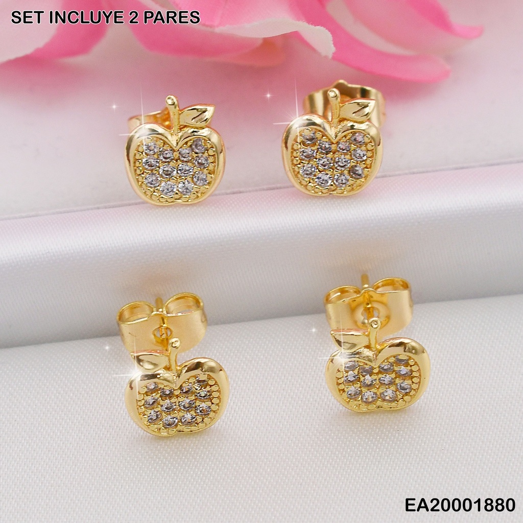 PAQUETE 2 PARES ARETES MANZANA DORADA C/ZIRC.
