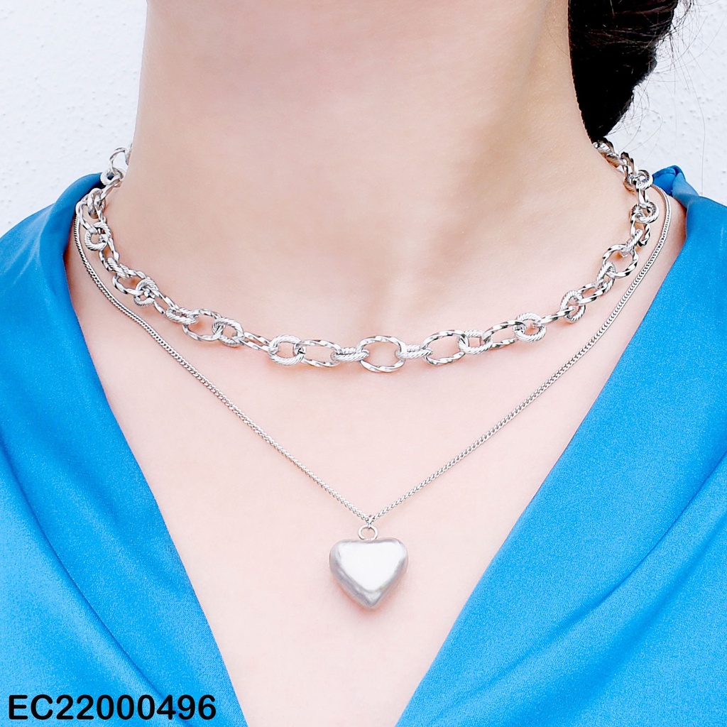 CADENA PLATEADA DOBLE  DIJE COLGANTE CORAZÓN INFLADO