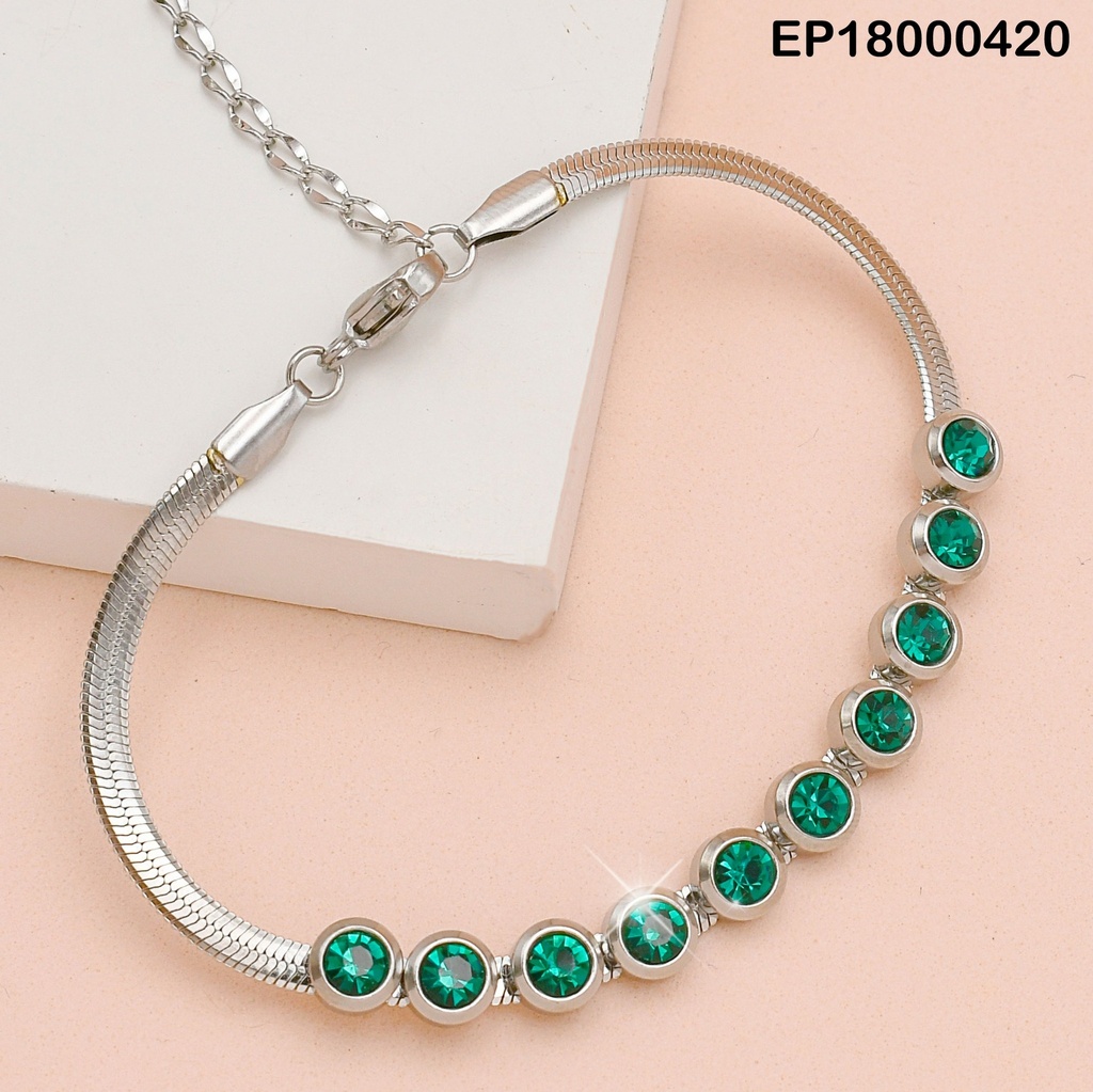 PULSERA PLATEADA PLANA LÍNEA ZIRCONIAS RD.VERDES