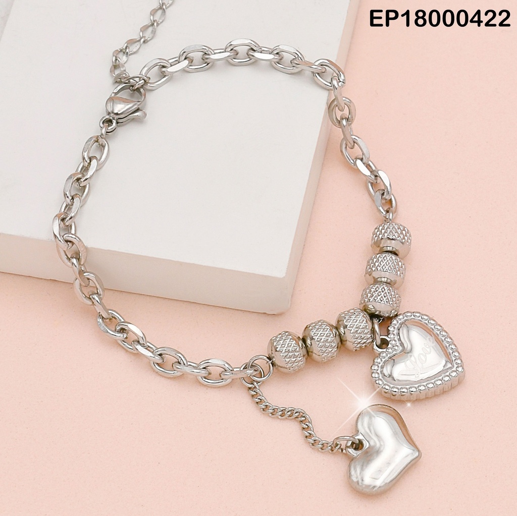 PULSERA PLATEADA 2 CORAZONES COLGANTES/RUEDITAS