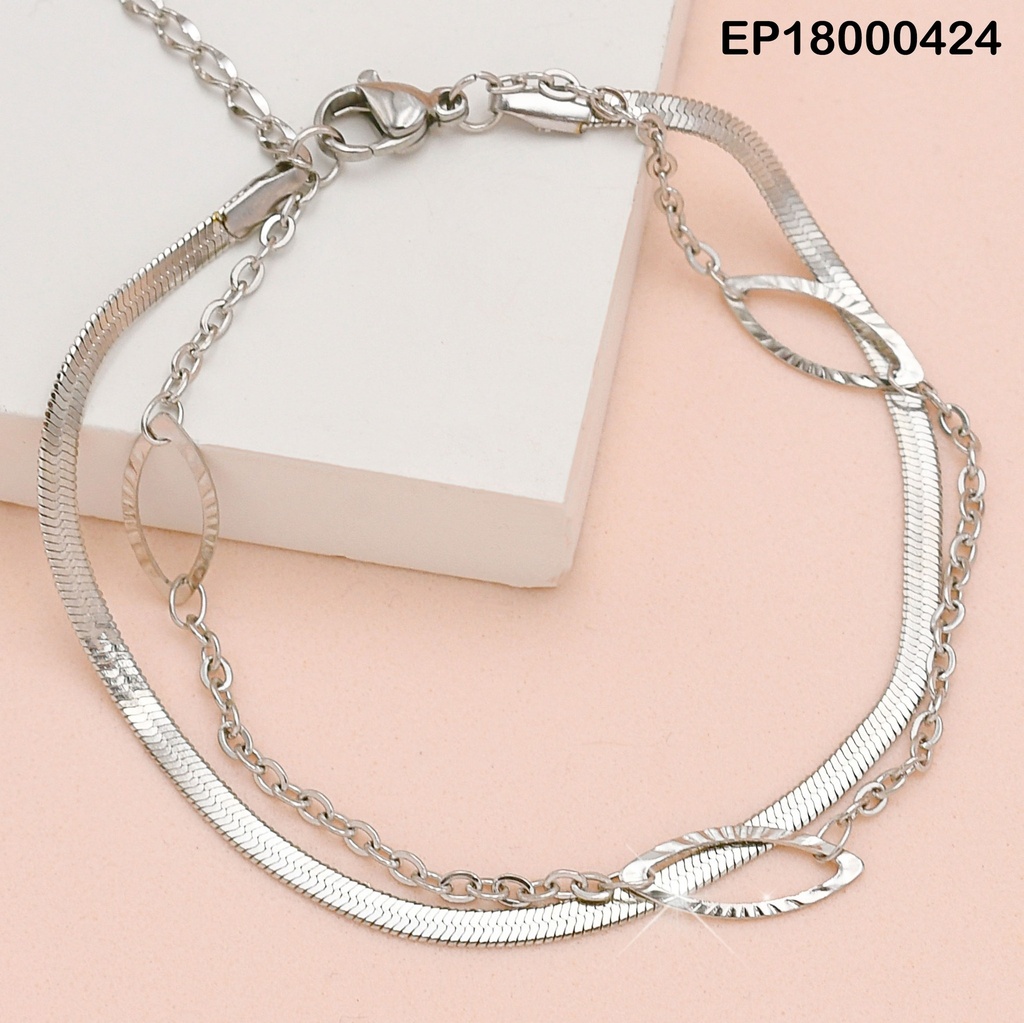 PULSERA PLATEADA DOBLE CROQUIS ÓVALOS COLGANTES
