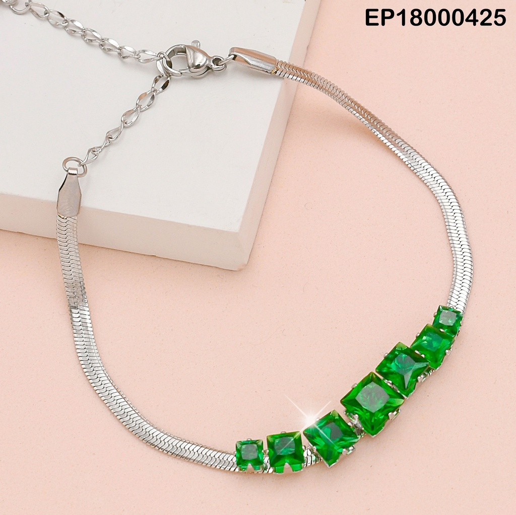 PULSERA PLATEADA PLANA ZIRCONIAS VERDES/🤍COLGANTE
