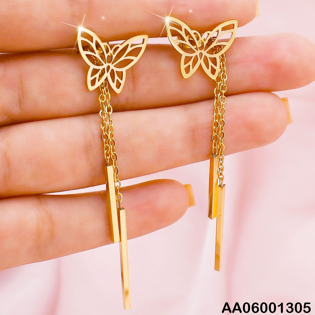 ARETES MARIPOSAS CALADAS 2 BARRITAS COLGANTES