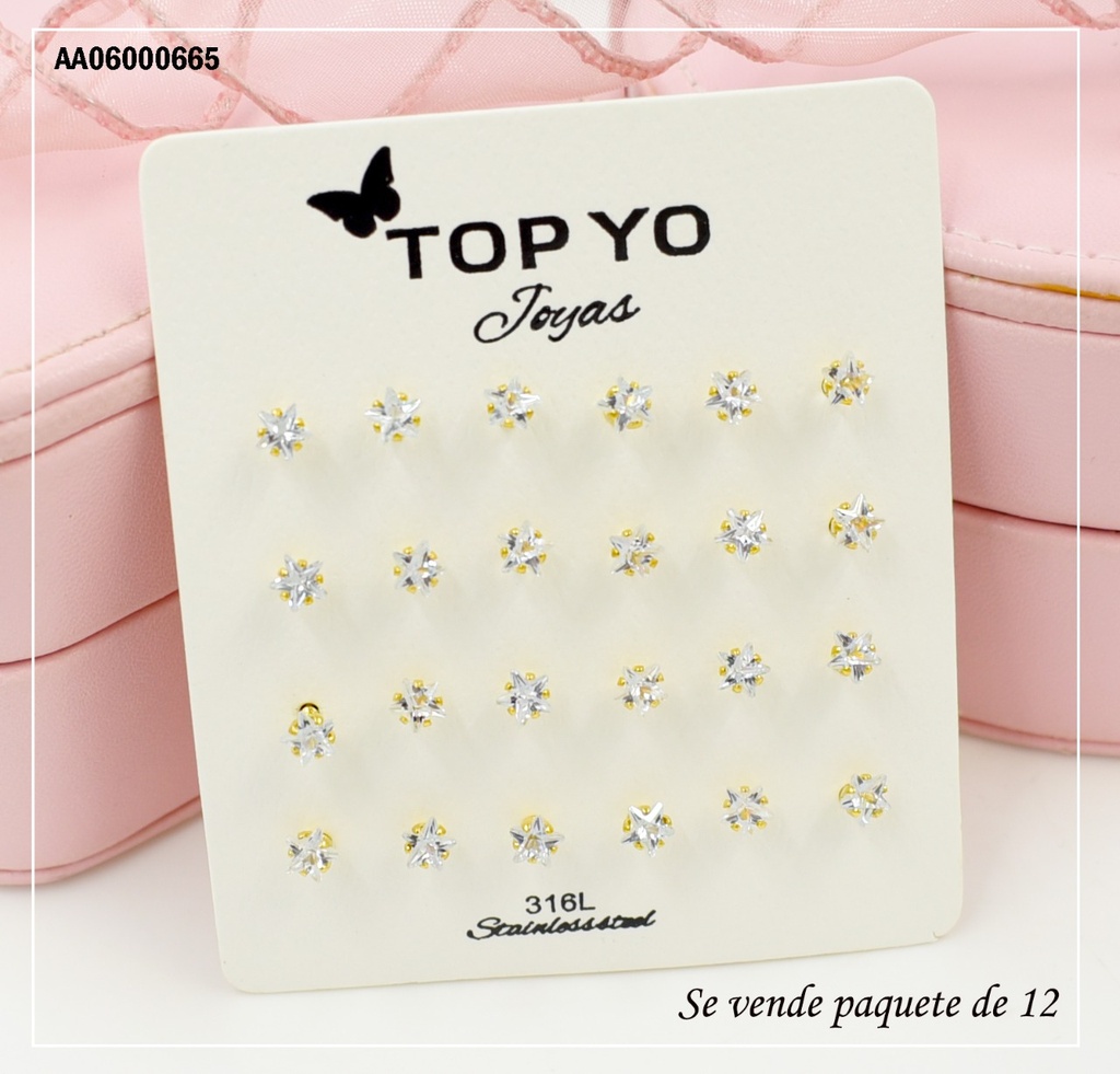 ARETES PAQ.12 UNID ZIRCONIAS DORADAS ESTRELLAS 5MM