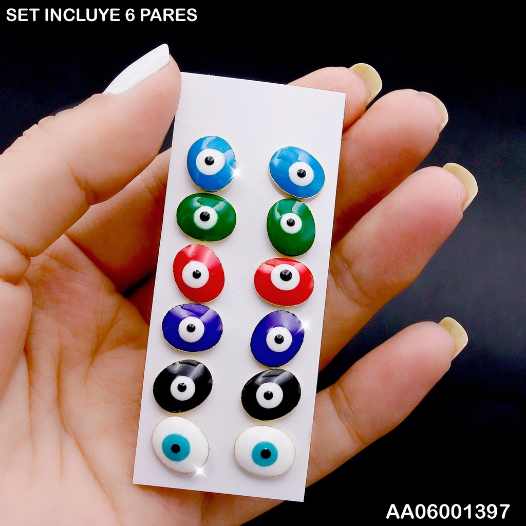 PAQUETE 6 PARES ARETES OJOS COL.VARIOS