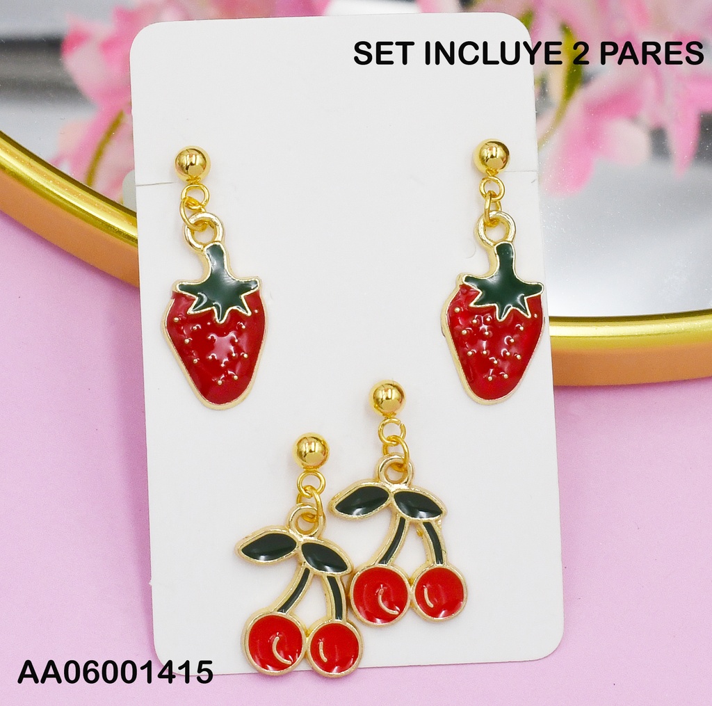 PAQUETE 2 PARES ARETES FRESAS/CEREZAS