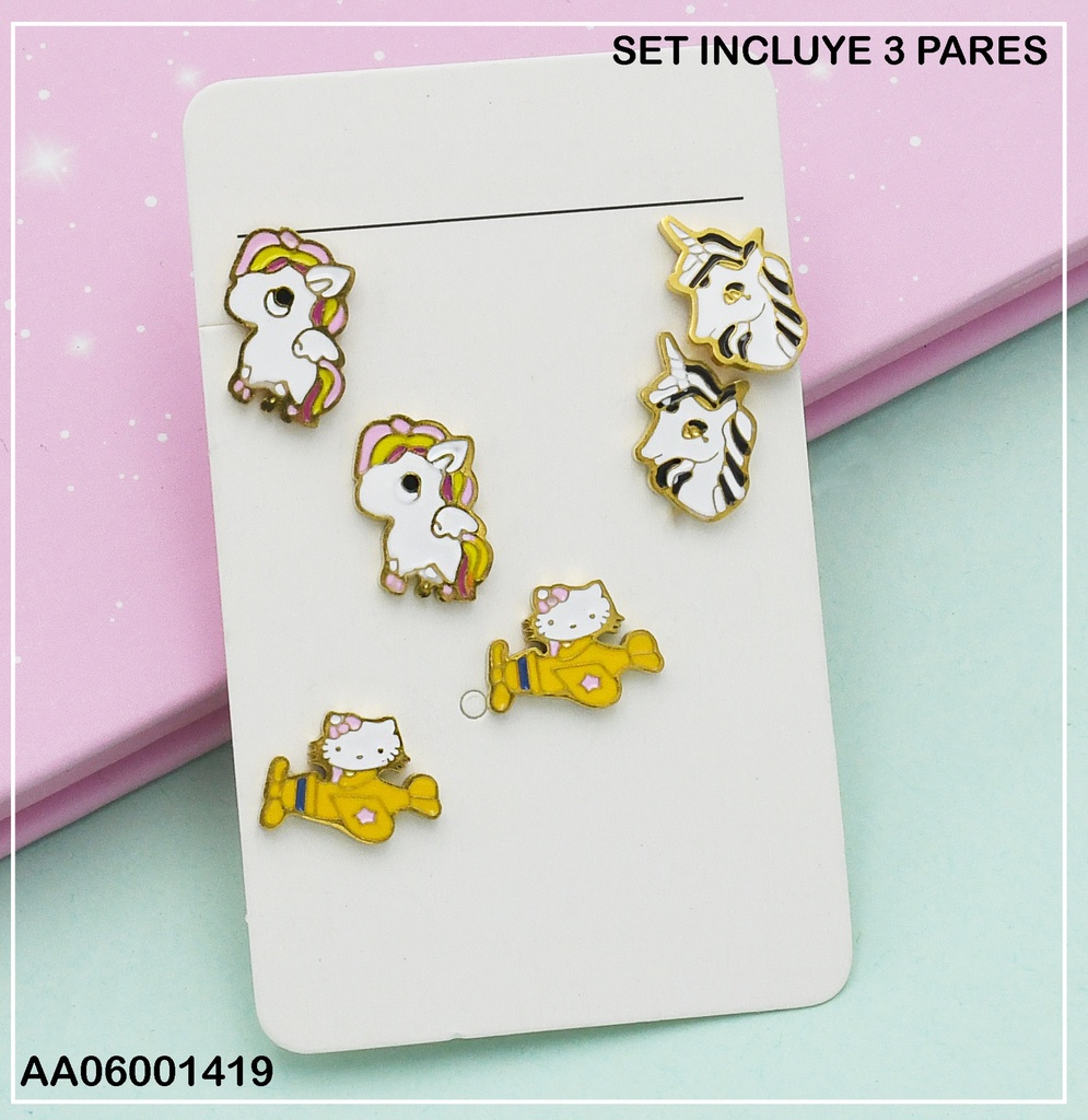 PAQUETE TRÍO ARETES UNICORNIOS/HELLO KITTY (P.E.NOV2025)