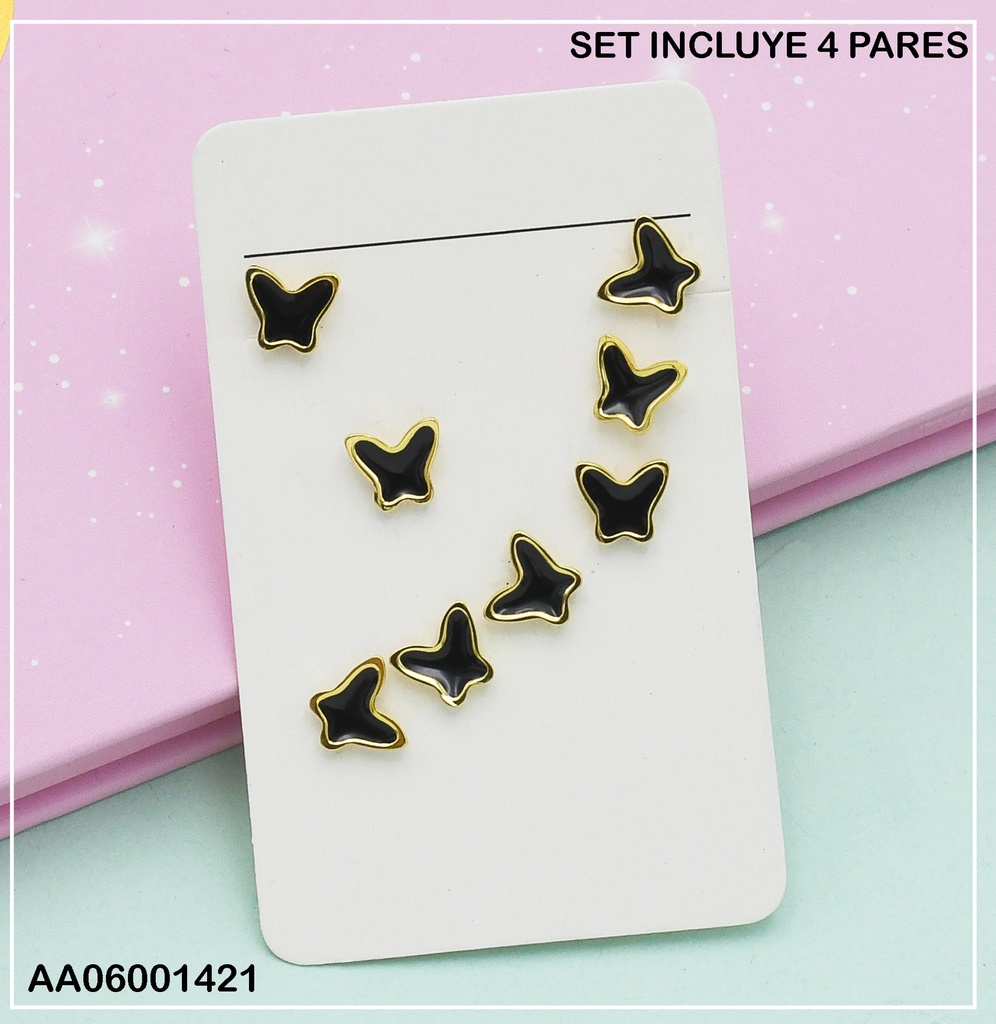 PAQUETE 4 PARES ARETES PLACA NEGRA MARIPOSA