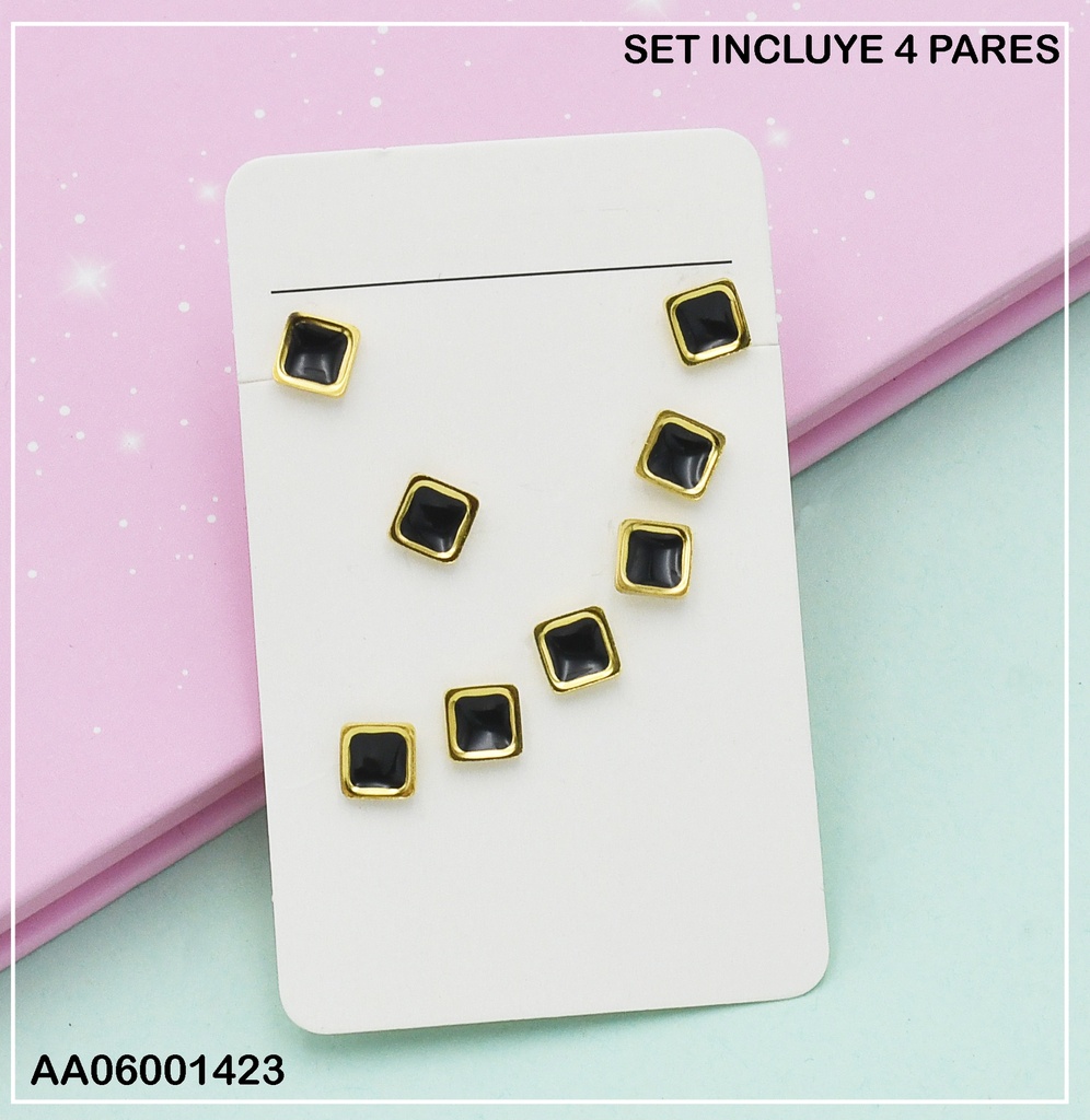PAQUETE 4 PARES ARETES CUADROS NEGROS