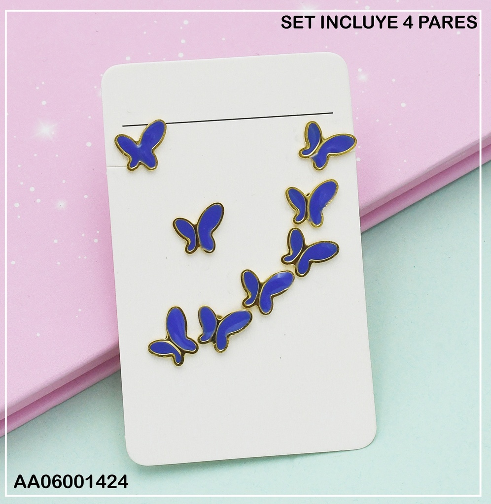 PAQUETE 4 PARES ARETES PLACAS MARIPOSAS MORADAS (P.E.NOV2025)