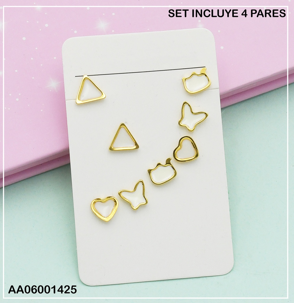 PAQUETE 4 PARES ARETES BLANCOS  TRIANGULO/ CORZN/N MARIPS/ELEFNT 0713461-W130