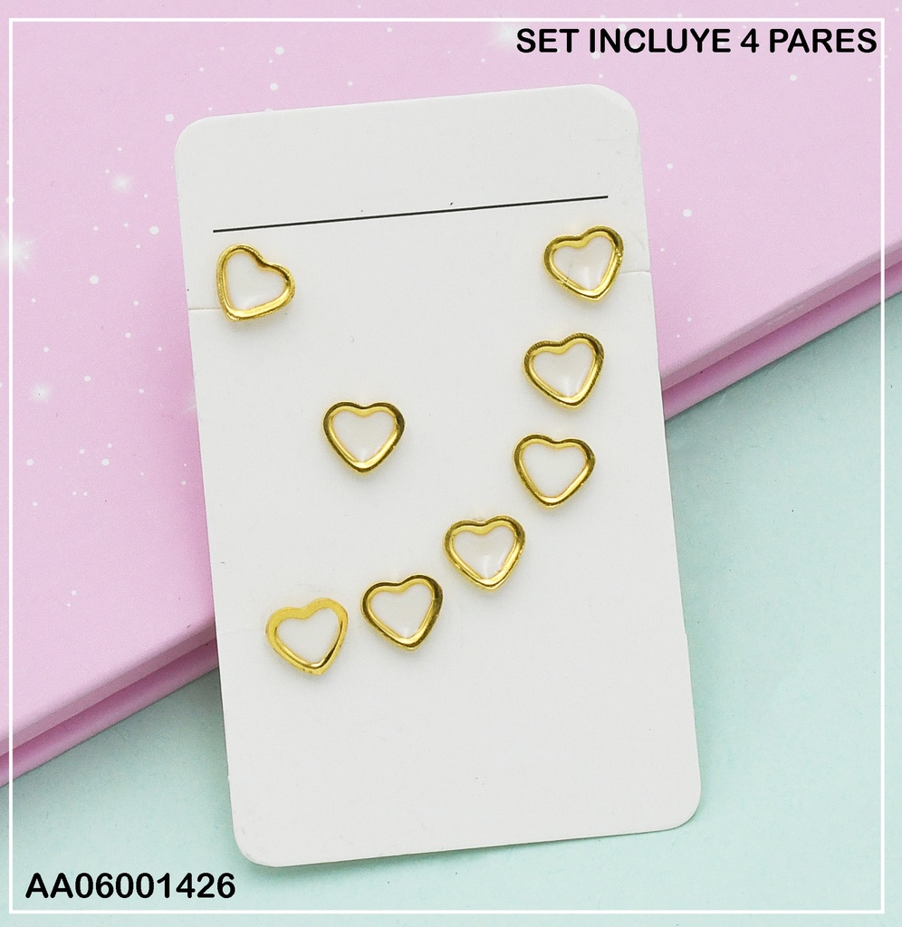 PAQUETE 4 PARES ARETES CORAZONES BLANCOS