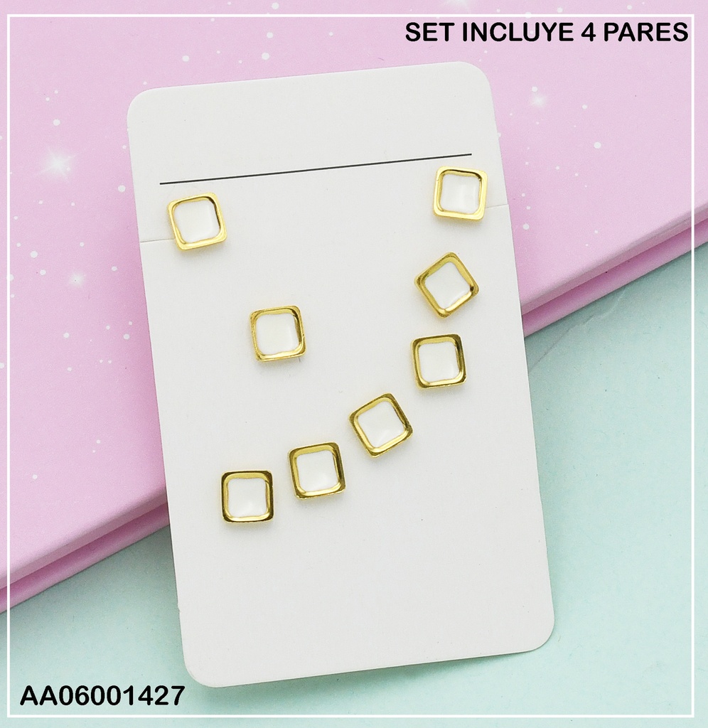 PAQUETE 4 PARES ARETES CUADROS BLANCOS