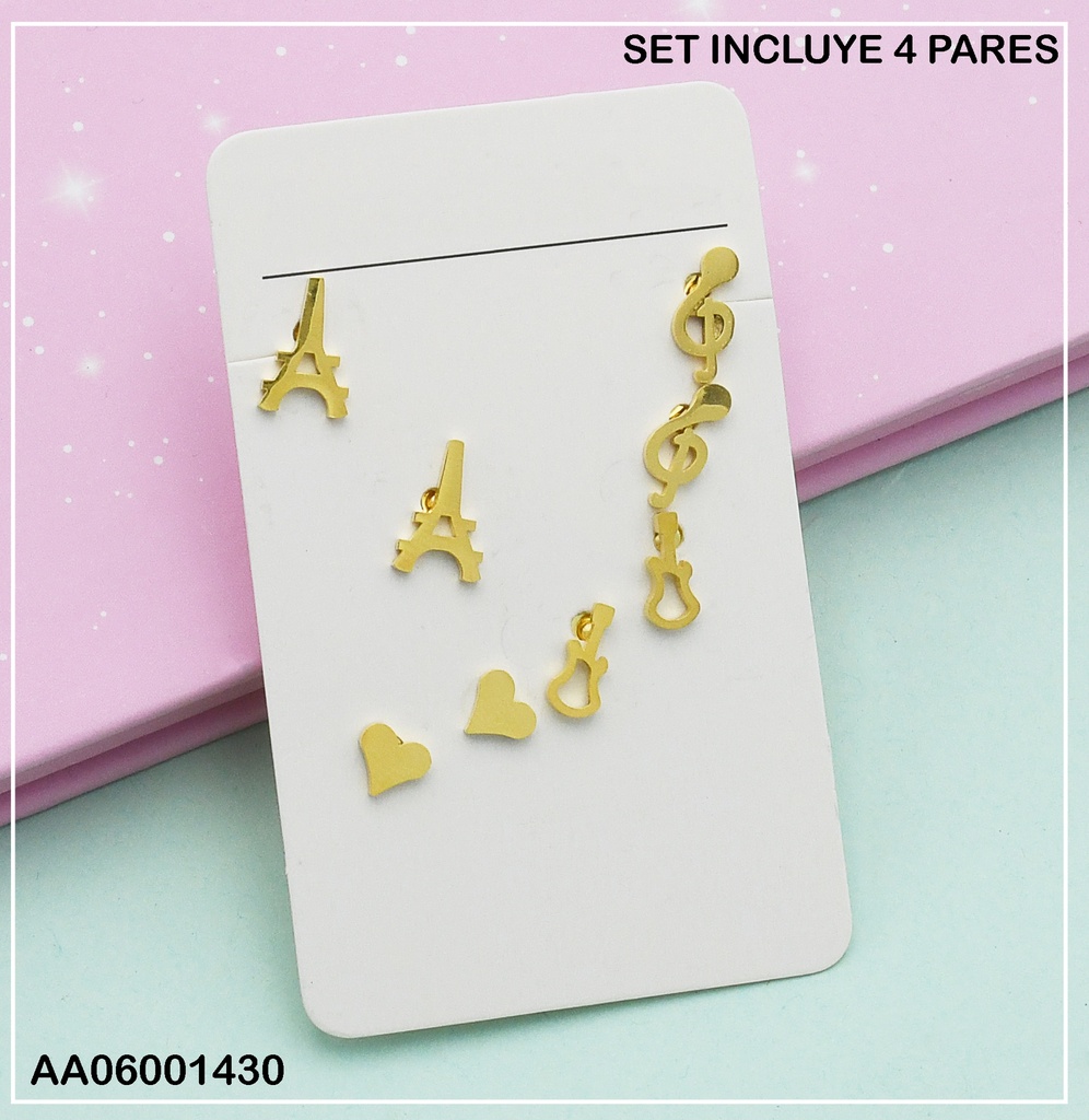 PAQUETE 4 PARES ARETES TORRE/CORAZONES/GUITARRA/🎼