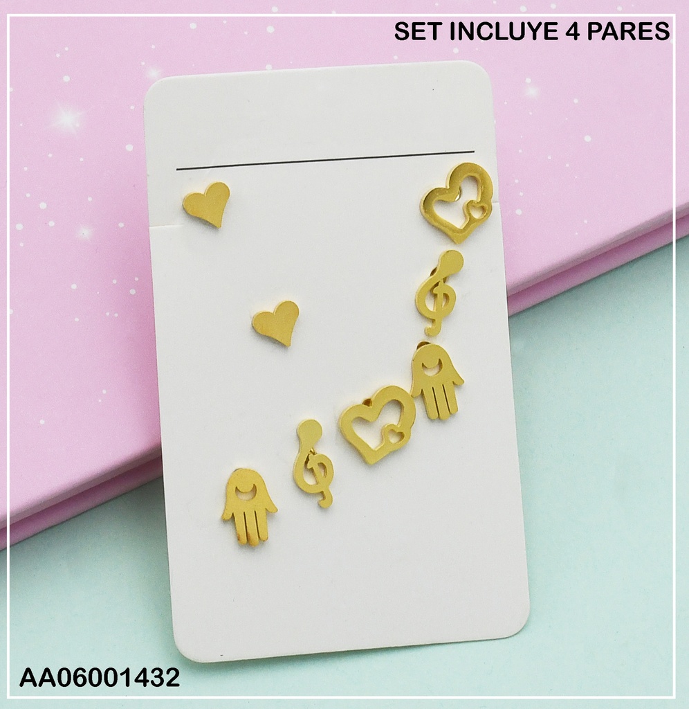 PAQUETE 4 PARES ARETES CORAZÓN PLACA/CROQUI/✋/🎼