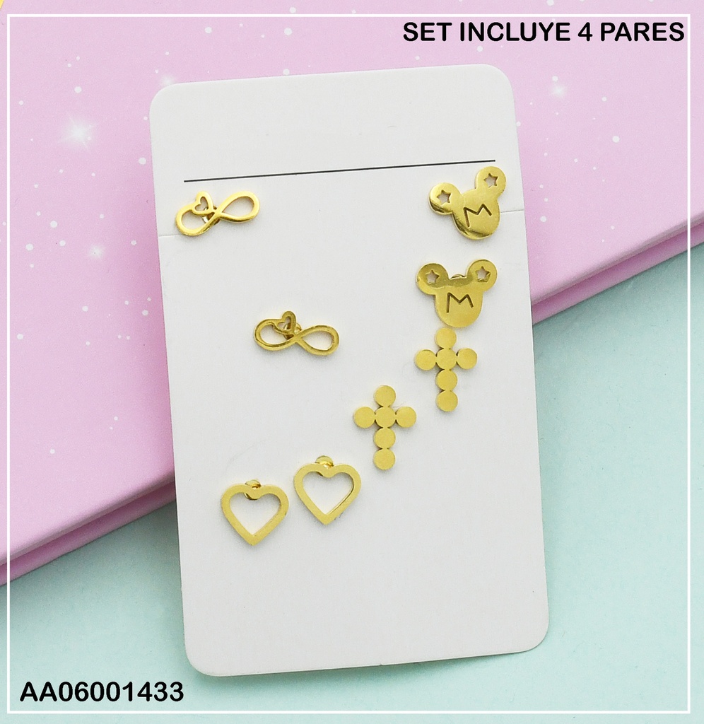 PAQUETE 4 PARES ARETES PLACA MICKEY/✝/🤍/♾