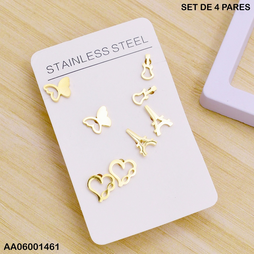 PAQUETE 4 PARES ARETES MARIPOSAS/CROQUI🤍/TORRE/GUITARRAS