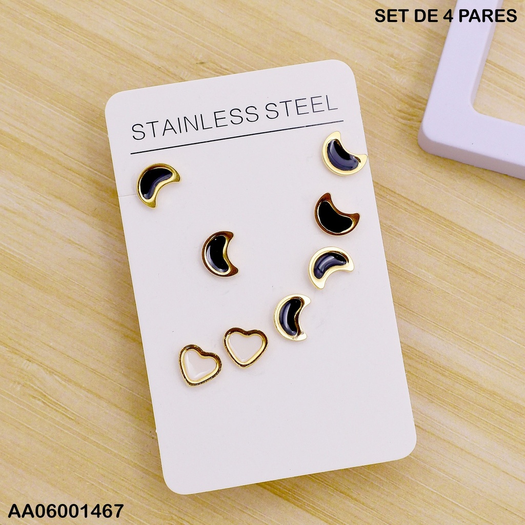 PAQUETE 4 ARETES MEDIAS LUNAS NEGRAS/CORAZONES🤍
