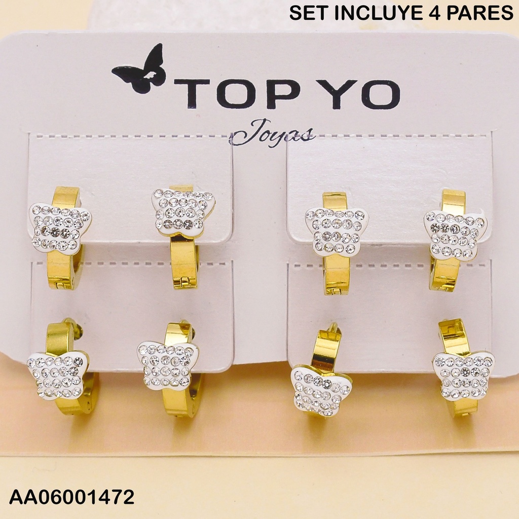 PAQUETE 4 PARES ARETES HUGGIES C/MARIPOSA ZIRC. P2049