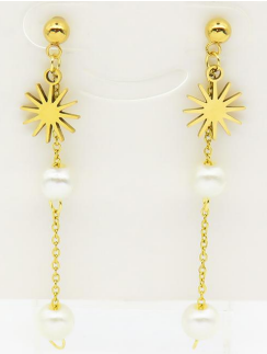 ARETES LARGOS PLACA SOL C/DOBLE PERLAS COLGANTES