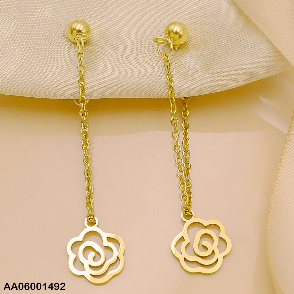 ARETES LARGOS DOBLE CADENA COLGANTE ROSA CALADA