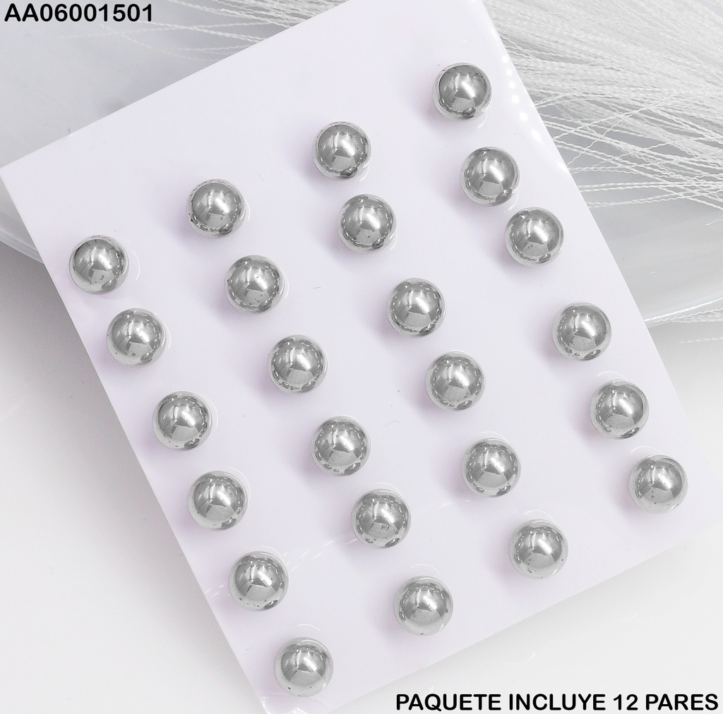 PAQ. 12 PARES ARETES PLATEADOS PELOTA 6MM P506-199-6