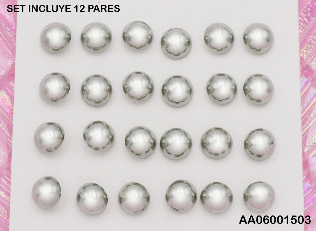 PAQUETE 12 PARES ARETES PLATEADOS MEDIA PELOTA 8MM