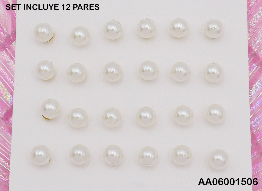 PAQUETE 12 PARES ARETES PERLA PELOTA 6MM