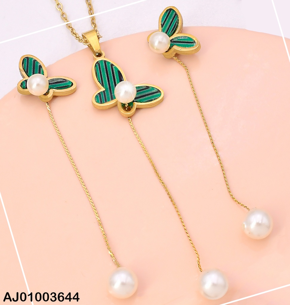 JUEGO MARIPOSAS VERDES RAYADAS C/PERLAS COLGANTES
