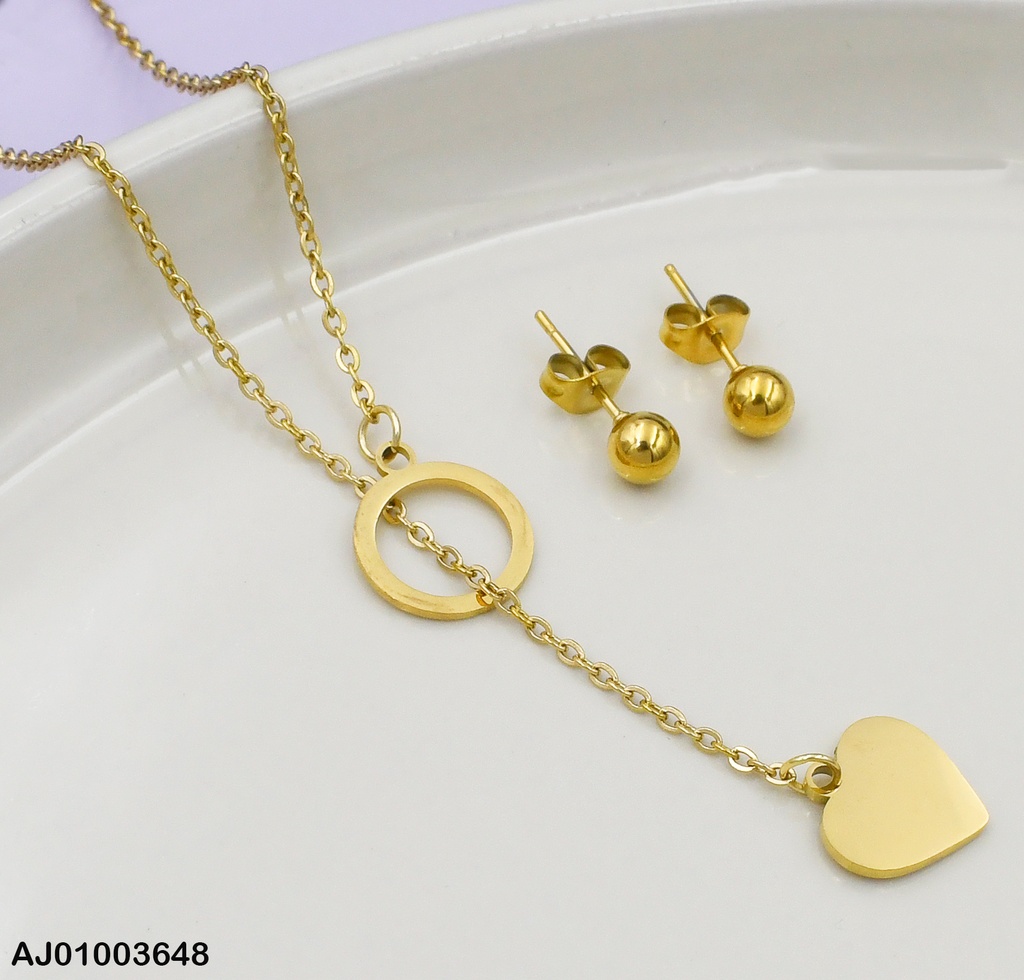 JUEGO ARETES ESFERA DORADA,DIJE CORAZÓN EN CÍRCULO