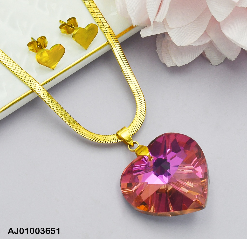 JUEGO CORAZONES ARETES PLACAS DIJE:CRISTAL FUCSIA