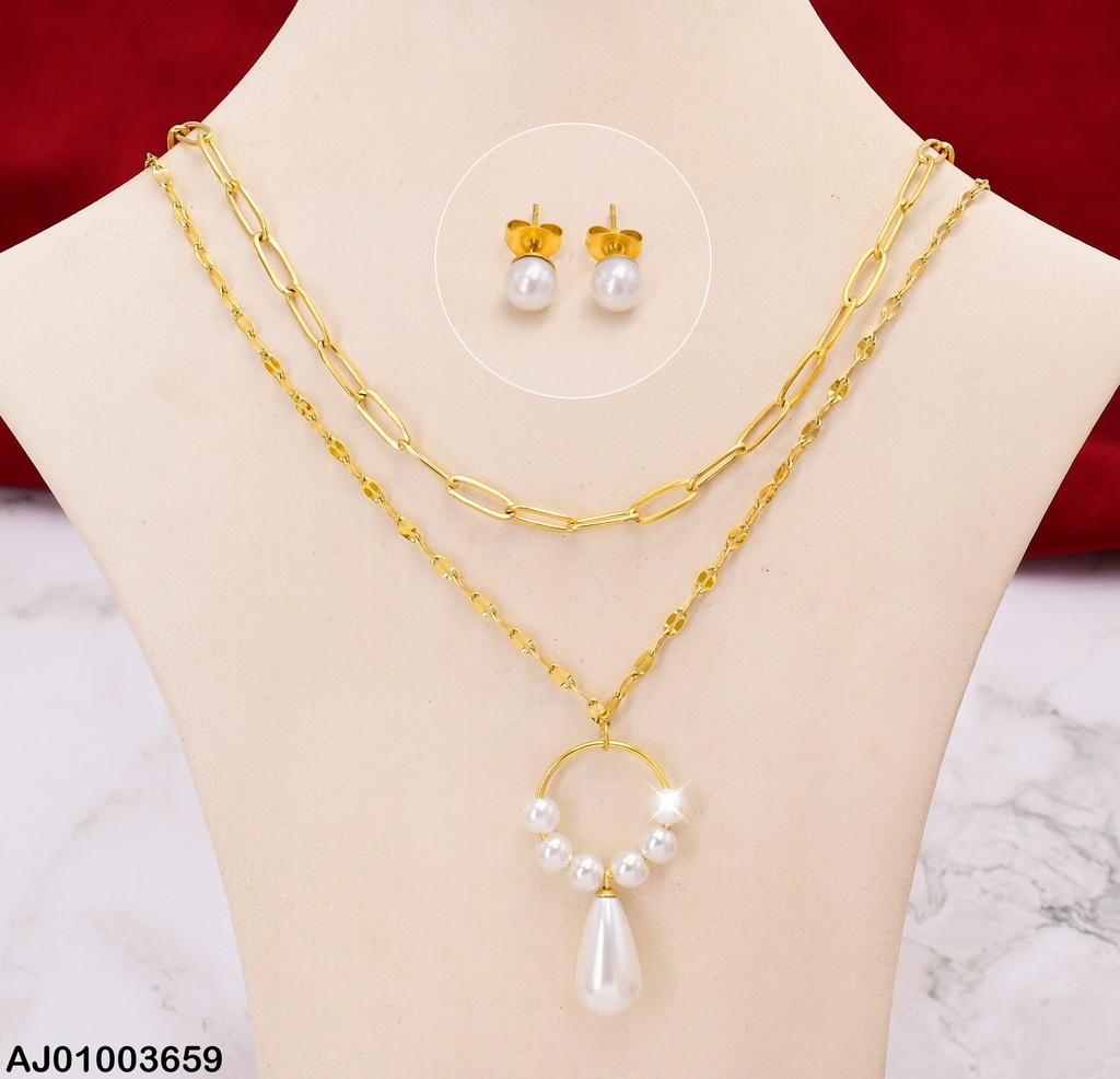 JUEGO ARETES PERLA,DOBLE CAD. CÍRCULO C/PERLAS-🥚