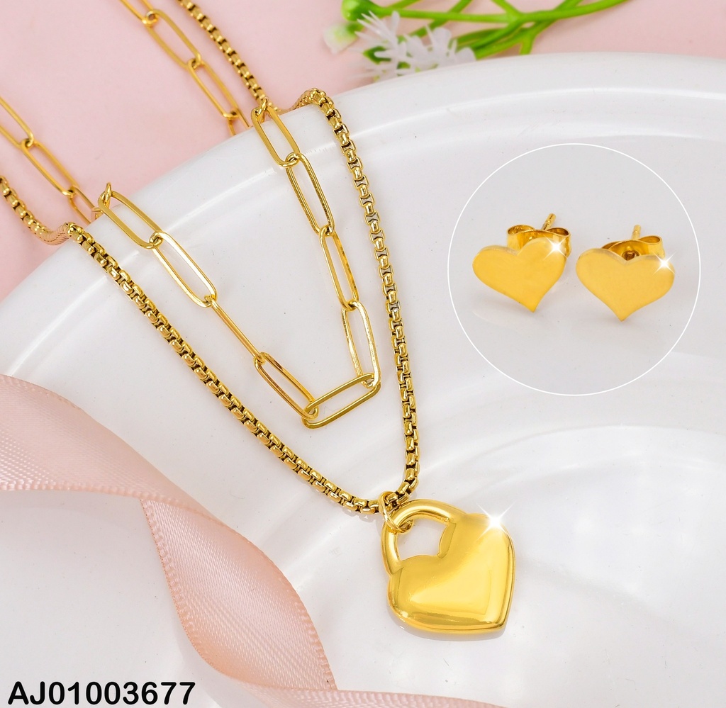 JUEGO DOBLE CAD.ARETES PLACA💛 DIJE:CANDADO CORAZÓN