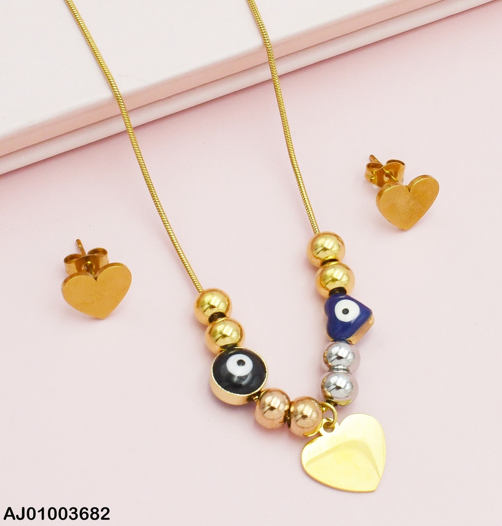 JUEGO ARETES PLACA CORAZÓN CADENA C/ESFERAS/OJITOS