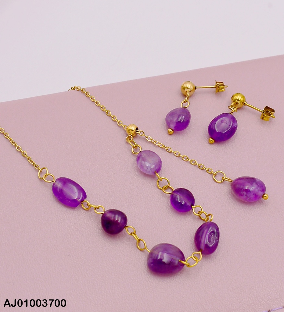 JUEGO PIEDRAS MORADAS ARETES COLGAR