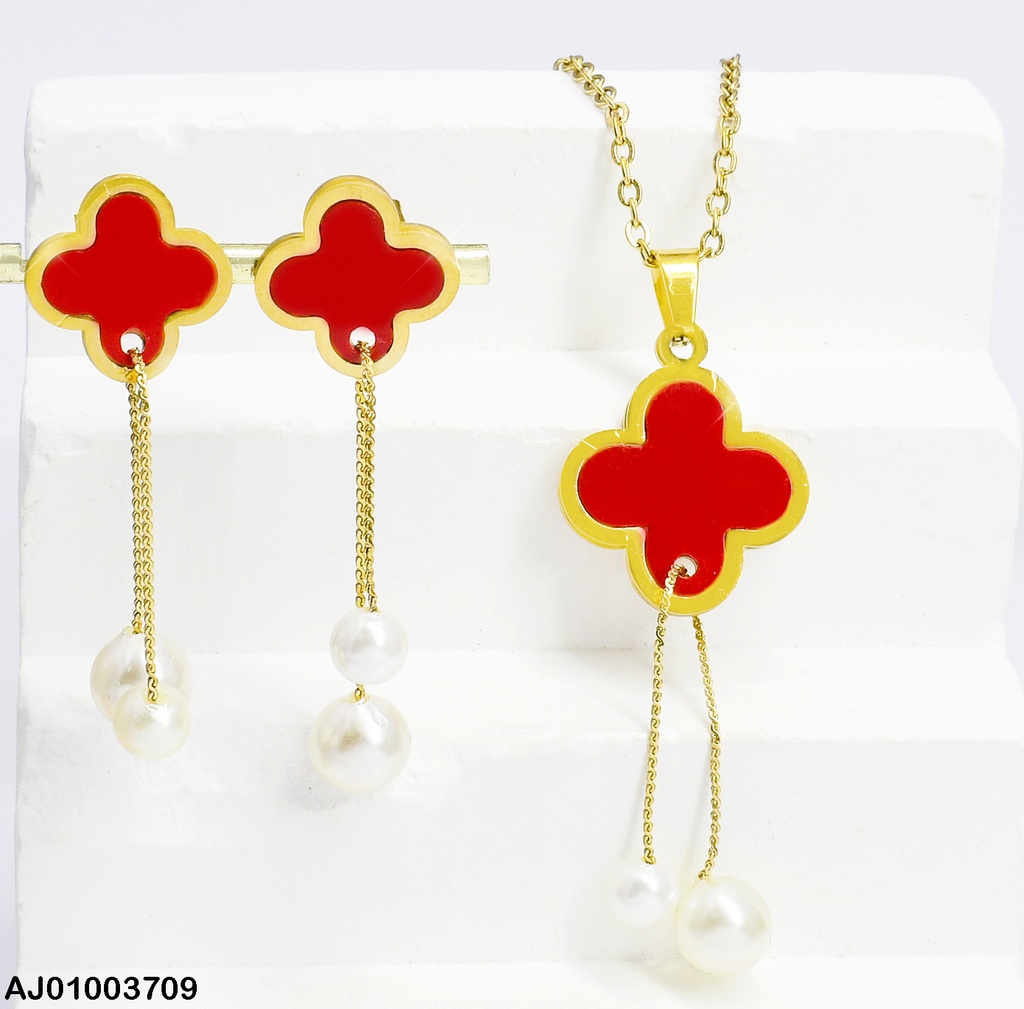 JUEGO TRÉBOL ROJO PERLAS COLGANTES