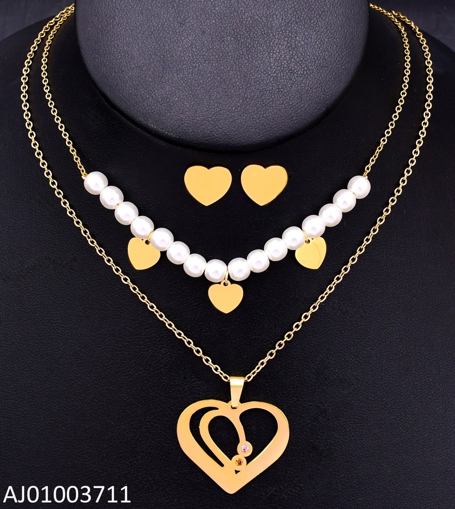 JUEGO CORAZONES DOBLE CAD.C/PERLAS DIJE C/ZIRC.ROSAS