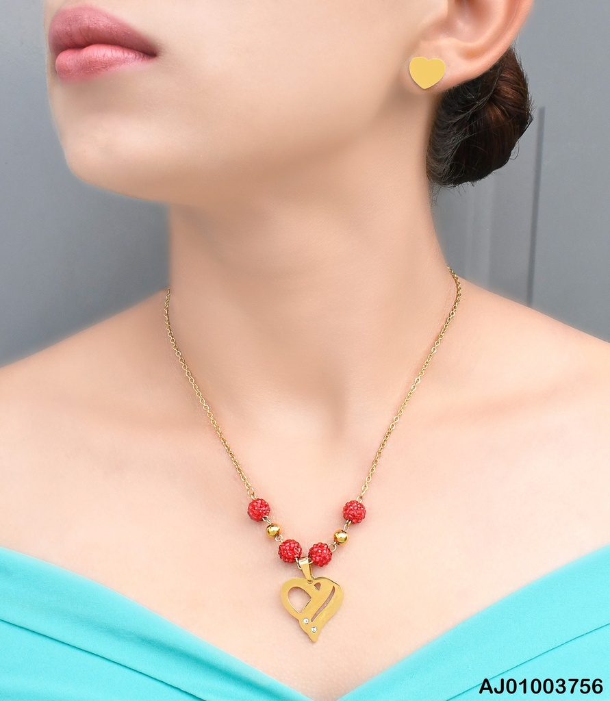 JUEGO PLACA CORAZÓN,CAD. PIEDRAS ROJAS DIJE:CALADO