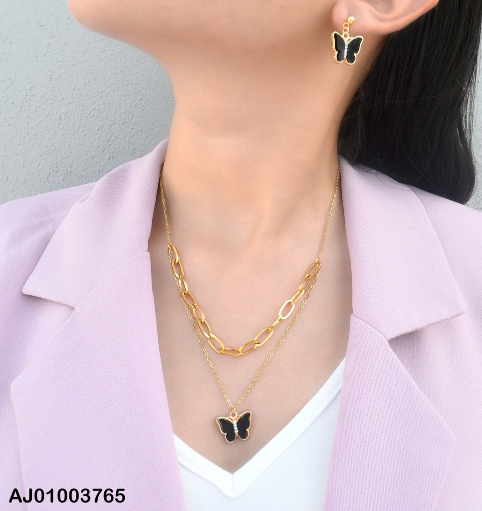 JUEGO MARIPOSA NEGRA C/ZIRC. DOBLE CAD.ARETES COLGAR