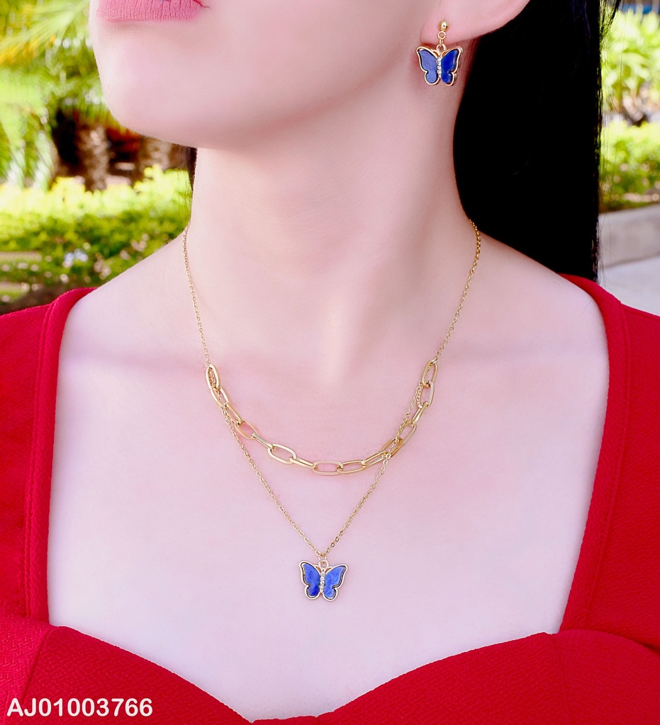 JUEGO MARIPOSA AZUL C/ZIRC. DOBLE CAD.ARETES COLGAR