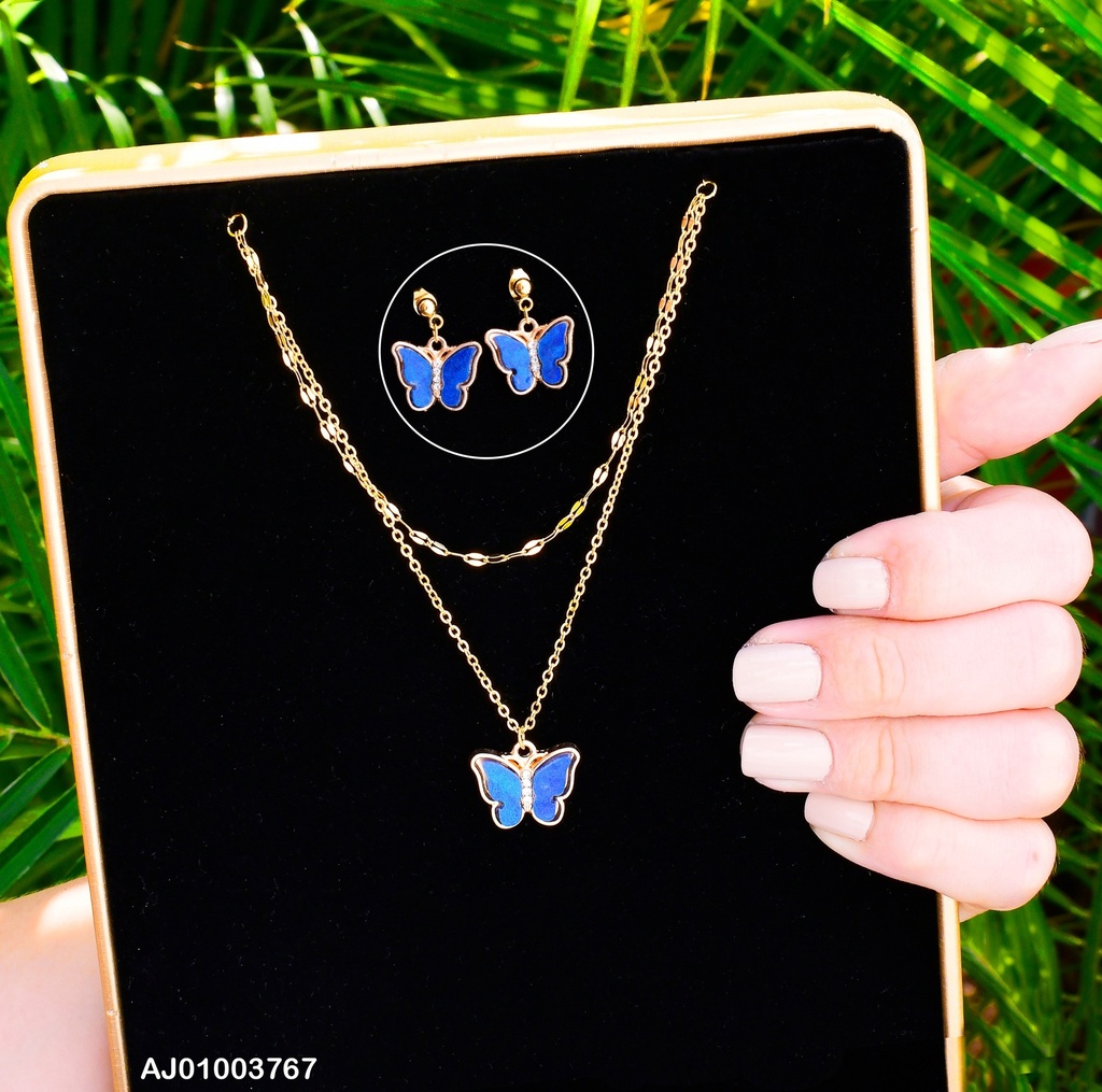 JUEGO MARIPOSA AZUL C/ZIRC. DOBLE CAD. FINAS ARETES COLGAR FD0813