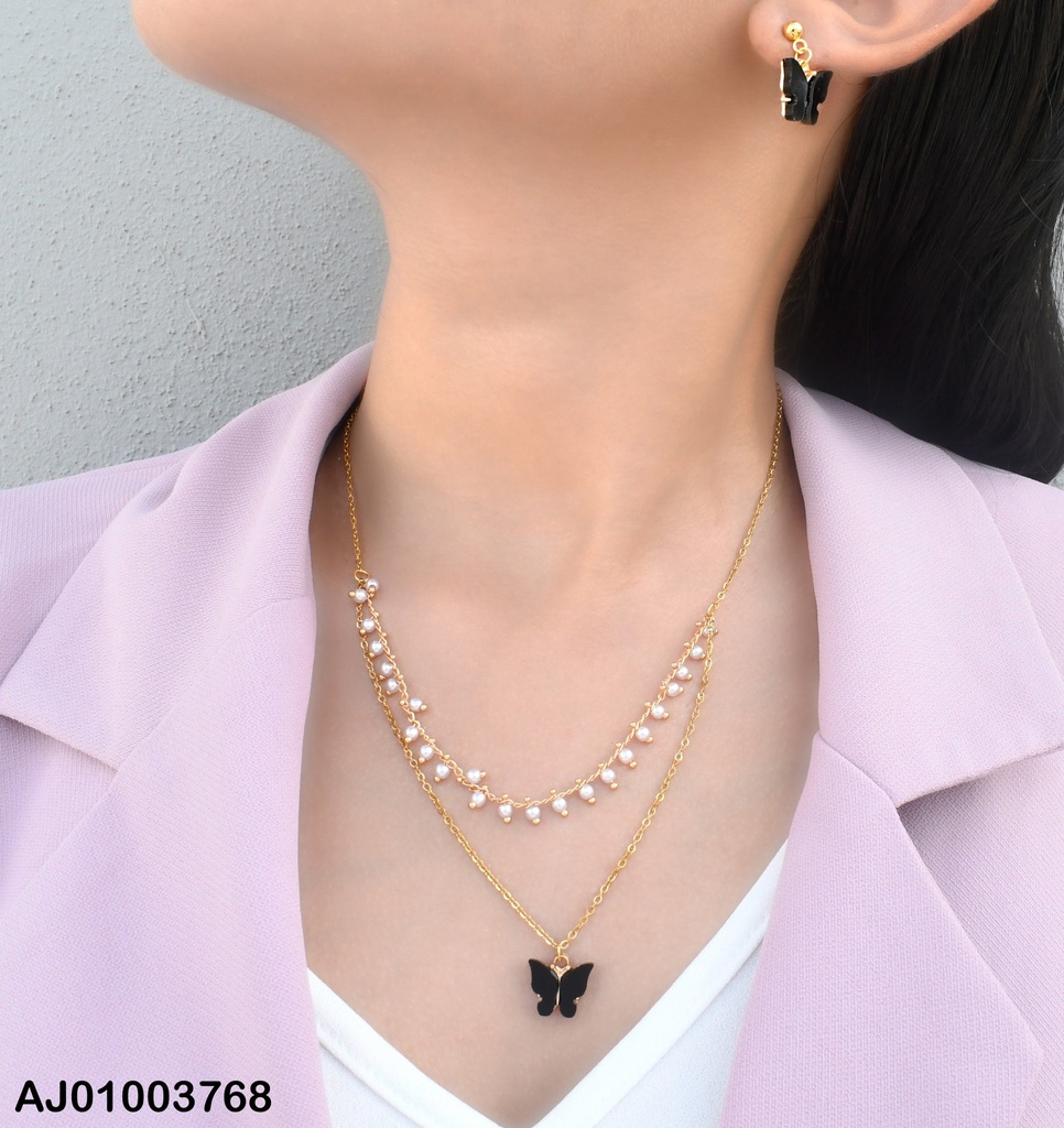 JUEGO MARIPOSA NEGRA C/ZIRC. DOBLE CAD.PERLITAS ARETES COLGAR