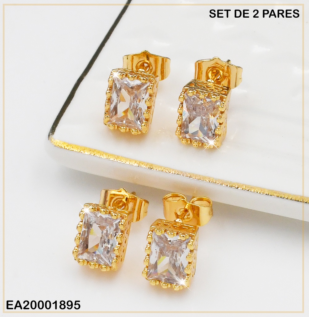PAQUETE 2 PARES ARETES ZIRCONIA RECTÁNGULO