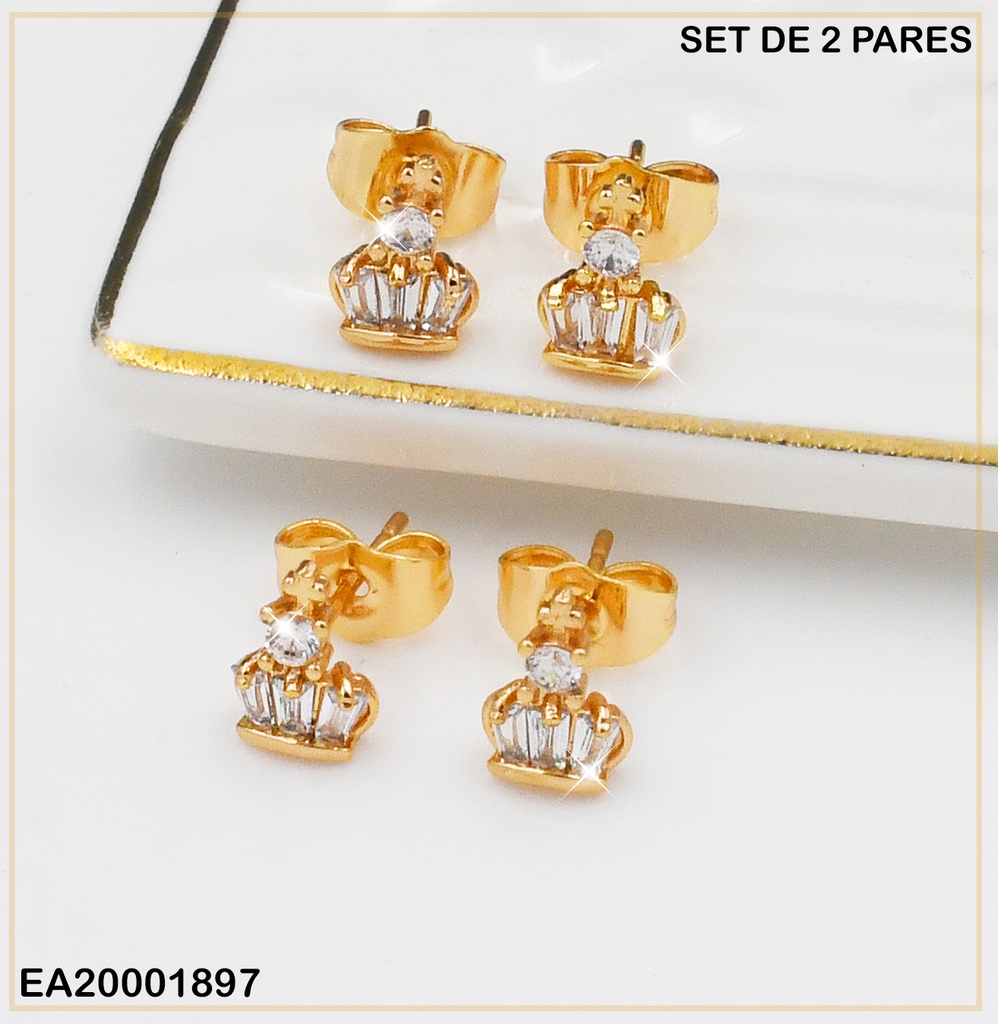 PAQUETE 2 PARES ARETES CORONAS ZIRCONIAS RECT.