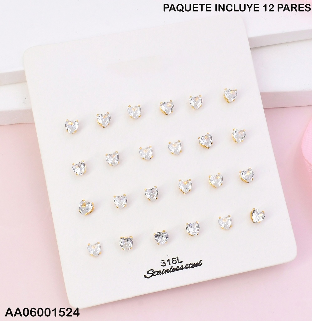 PAQ.12 PARES TOPITOS B.DORADOS ZIRC. CORAZONES 4MM