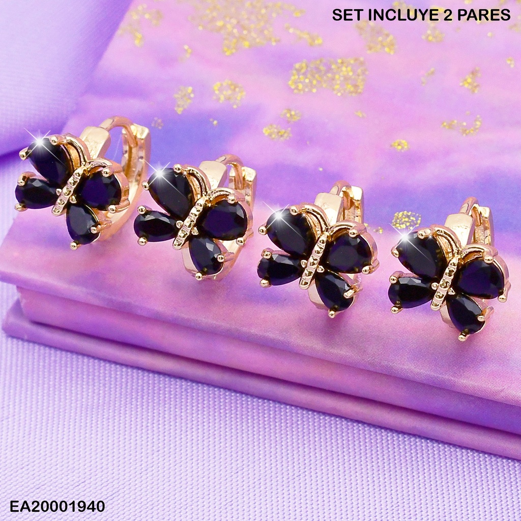 PAQUETE 2 PARES ARETES MARIPOSA ZIRC.(SURTIDOS)