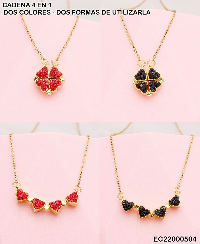 CADENA FINA DIJE DOBLE: TRÉBOL CORAZONES ZIRC.ROJAS