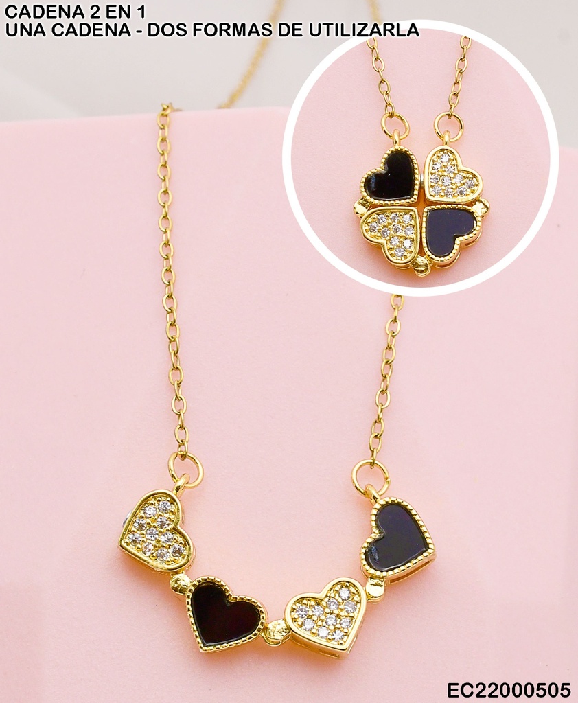 CADENA FINA DIJE DOBLE: TRÉBOL CORAZONES ZIRC/NEGROS
