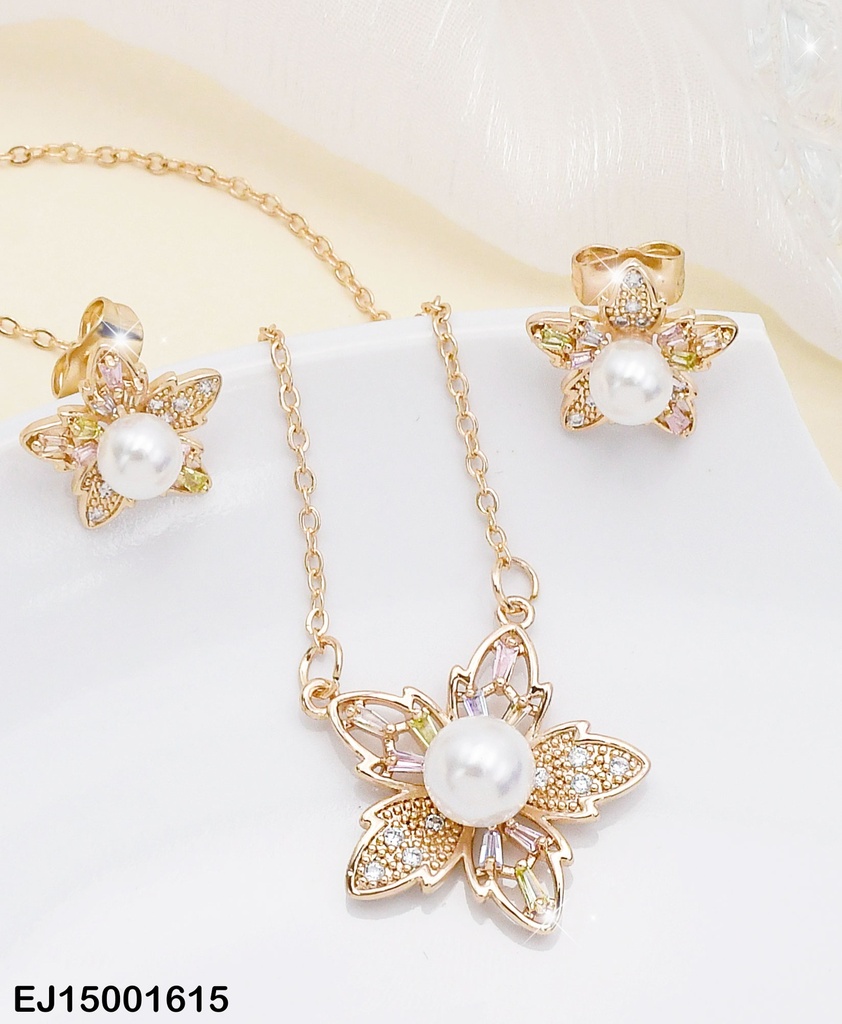 JUEGO FLOR C/PERLA CENTRO ROSE GOLD